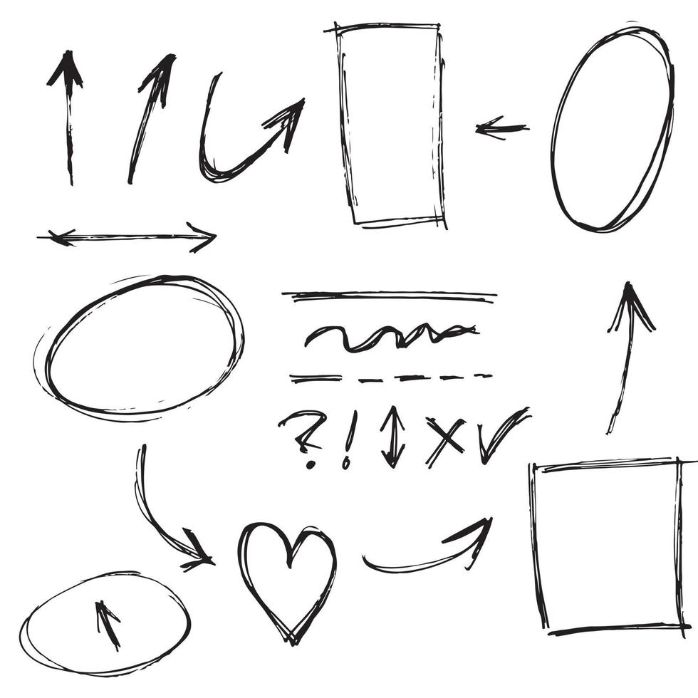 doodle designelement. doodle linjer, pilar, cirklar och kurvor vektor. handritade designelement isolerad på vit bakgrund för infographic. vektor