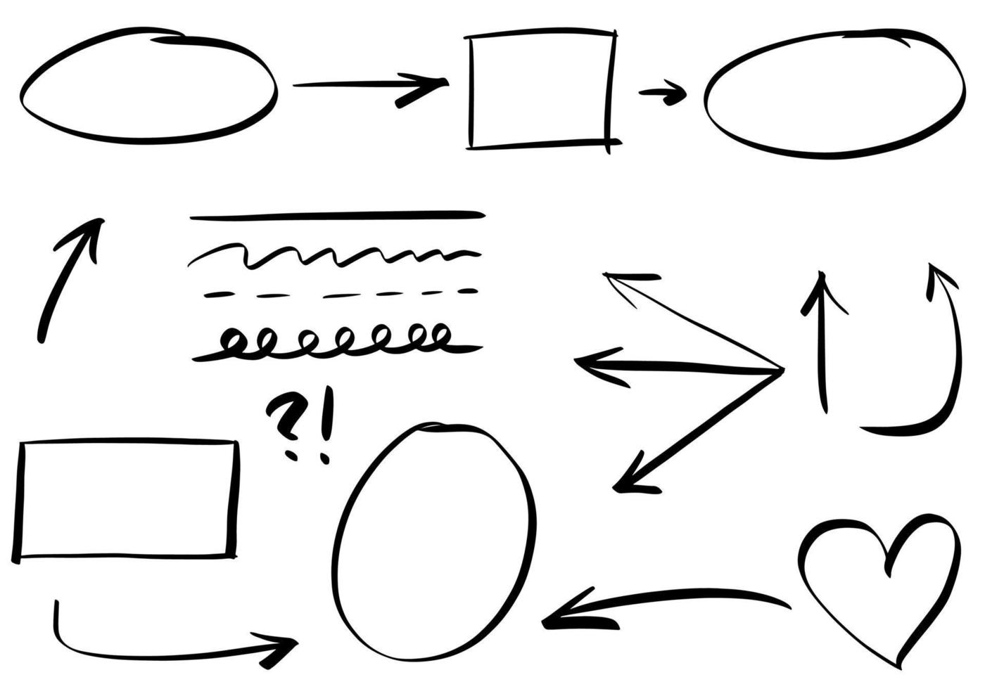 Doodle-Design-Element. gekritzellinien, pfeile, kreise und kurvenvektor. hand gezeichnete gestaltungselemente lokalisiert auf weißem hintergrund für infografik. vektor