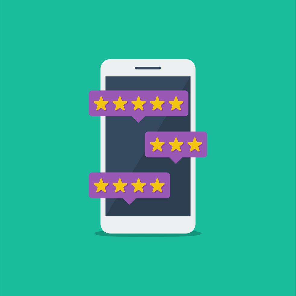 Smartphone mit Sternbewertung auf farbigem Hintergrund. flacher vektor für benutzerbewertung, bewertung und feedback, der für viele zwecke geeignet ist.