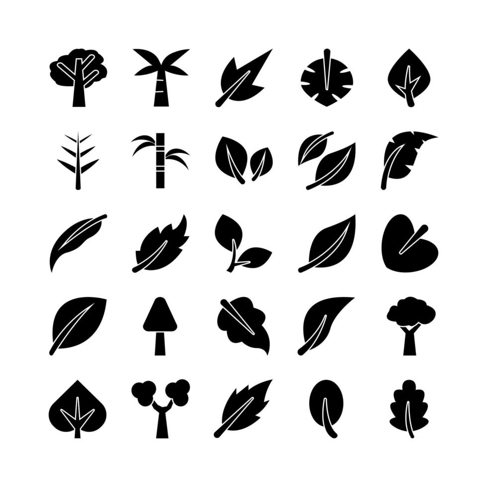träd och löv ikonuppsättning vektor fast för webbplats, mobilapp, presentation, sociala medier.