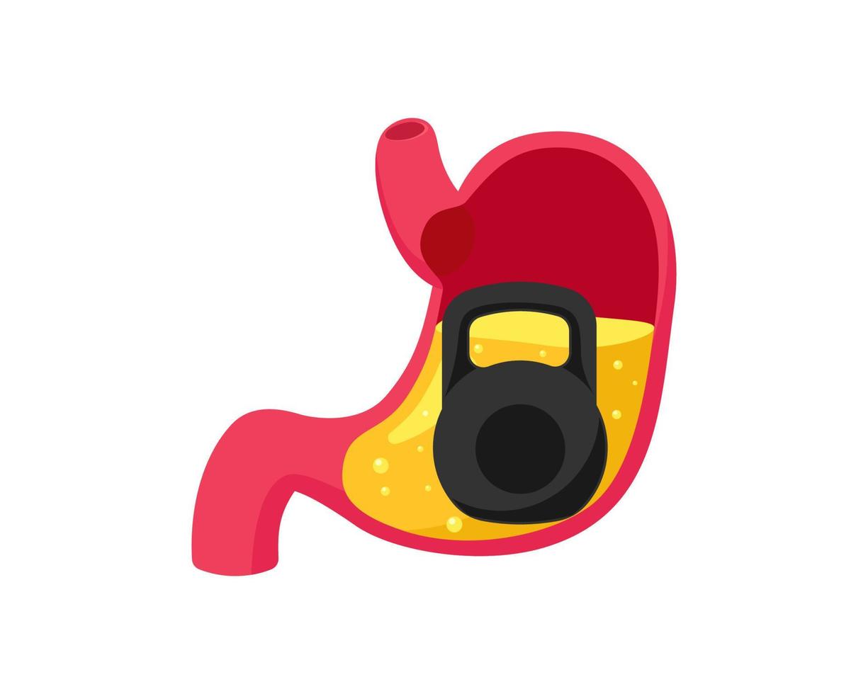 magen tyngd med tung vikt hantel inuti. problem med matsmältningssystemet. överätande matsmältningsbesvär och magsjukdom. magsmärtor i magen medicinsk vektor eps illustration