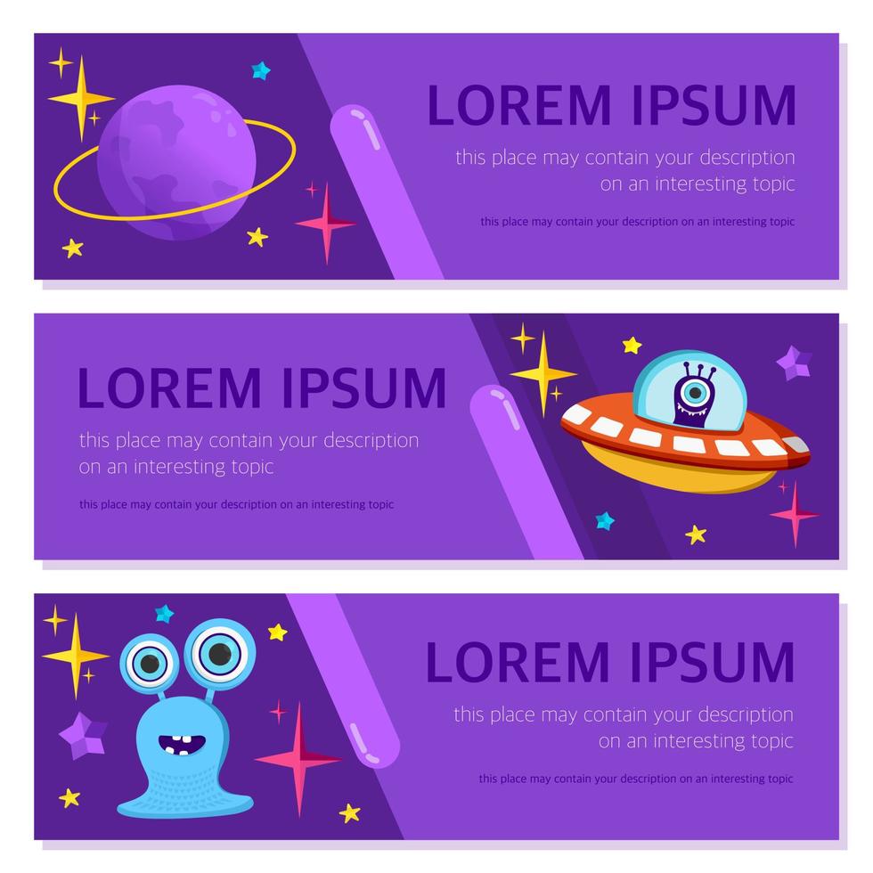 Vektorbanner und Postkarten zum Thema Weltraum. UFO, Planet, Humanoid, Alien, fliegende Untertasse. Flache Illustration für Flyer, Poster, Websites, Apps und Weihnachtsdekorationen für Kinder vektor