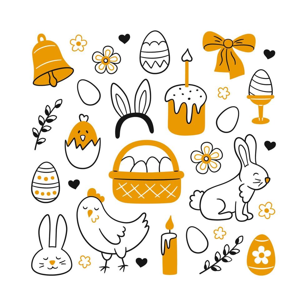 süßes Oster-Doodle-Set - Hase, Korb, Ostereier, Kuchen, Hühnchen, Weidenzweige und Kerzen vektor