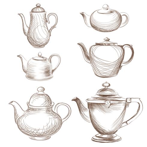 Teekessel eingestellt. Teekannen gezeichnete Sammlung. Kaffeekanne Skizze. vektor