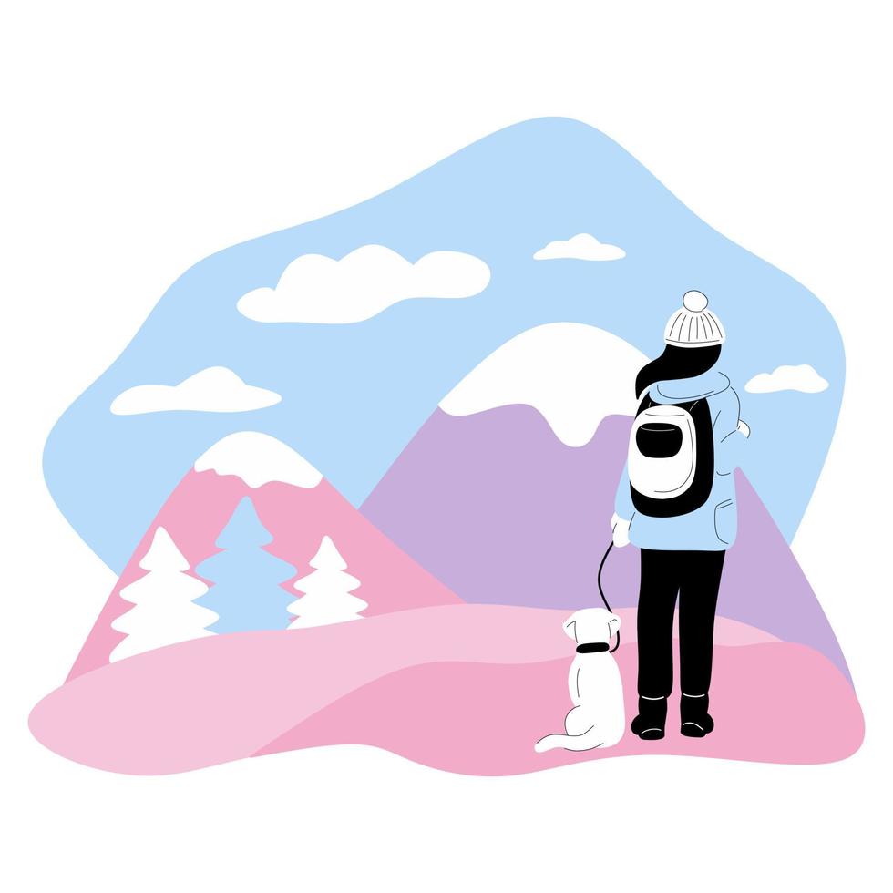 en kvinna med sin hund vandrar i bergen vektor
