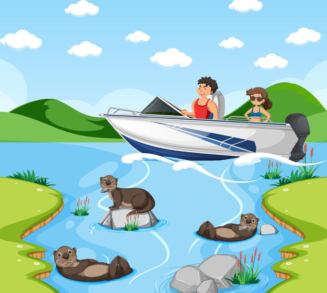 Flusswaldszene mit Reisenden auf einem Schnellboot vektor