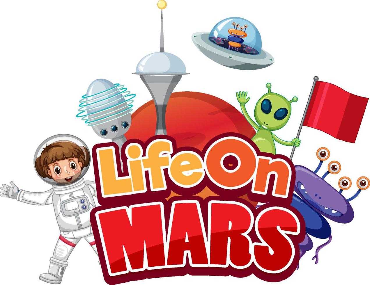 Leben auf dem Mars-Wort-Logo-Design mit Zeichentrickfigur vektor