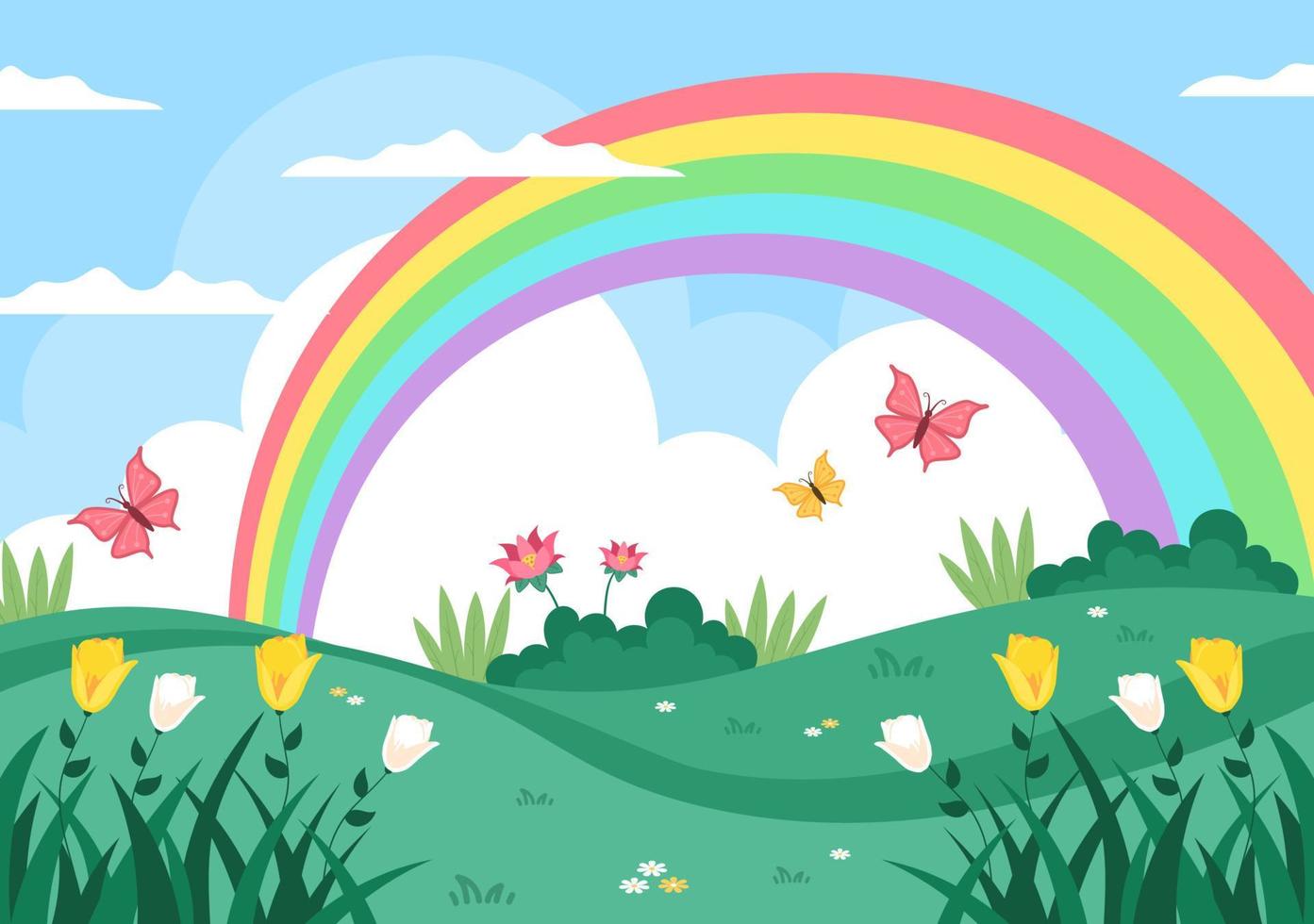 frühlingszeitlandschaftshintergrund mit blumensaison, regenbogen und pflanze für aktionen, zeitschriften, werbung oder website. Natur-Vektor-Illustration vektor