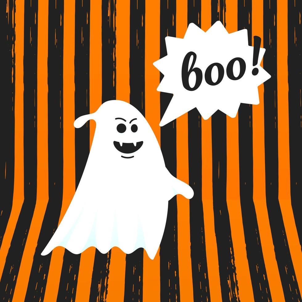 boo spöke halloween meddelande koncept. flygande halloween rolig spöklik spöke karaktär säga bu med textutrymme i pratbubblan vektorillustration isolerad på orange randig bakgrund. vektor