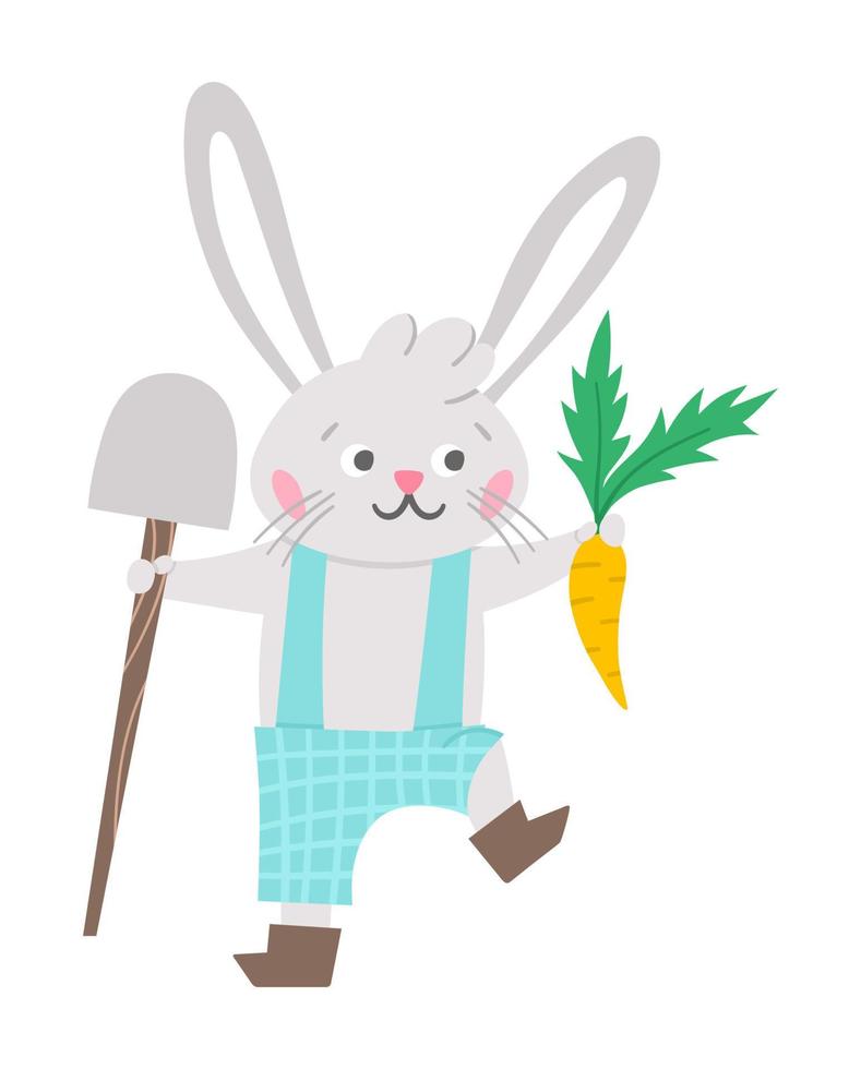 vektor påskharen ikon. kanin pojke med spade och morot isolerad på vit bakgrund. söt djur trädgårdsmästare illustration för barn. rolig vårhare bild.