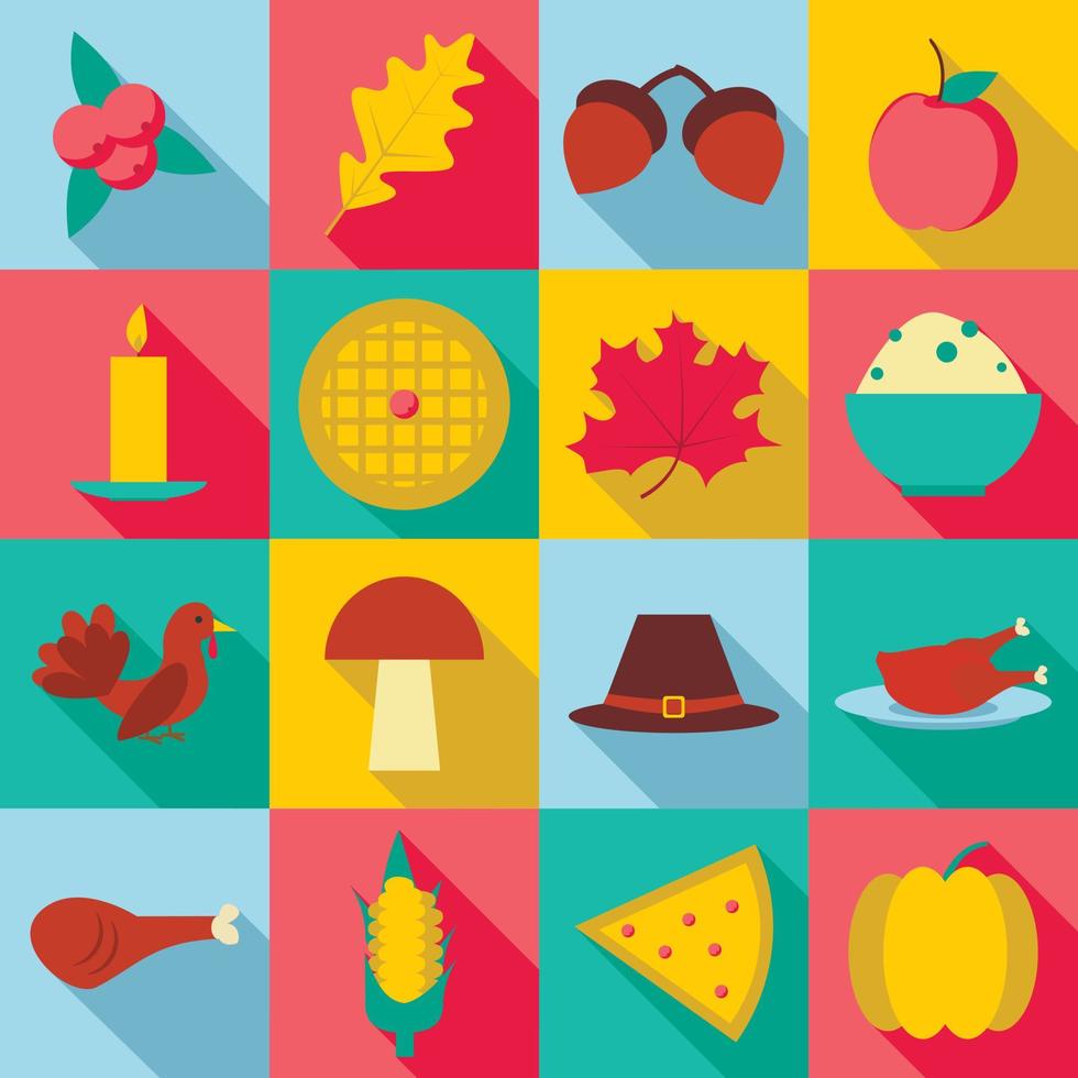 Thanksgiving Day Herbst Icons Set, flacher Stil vektor