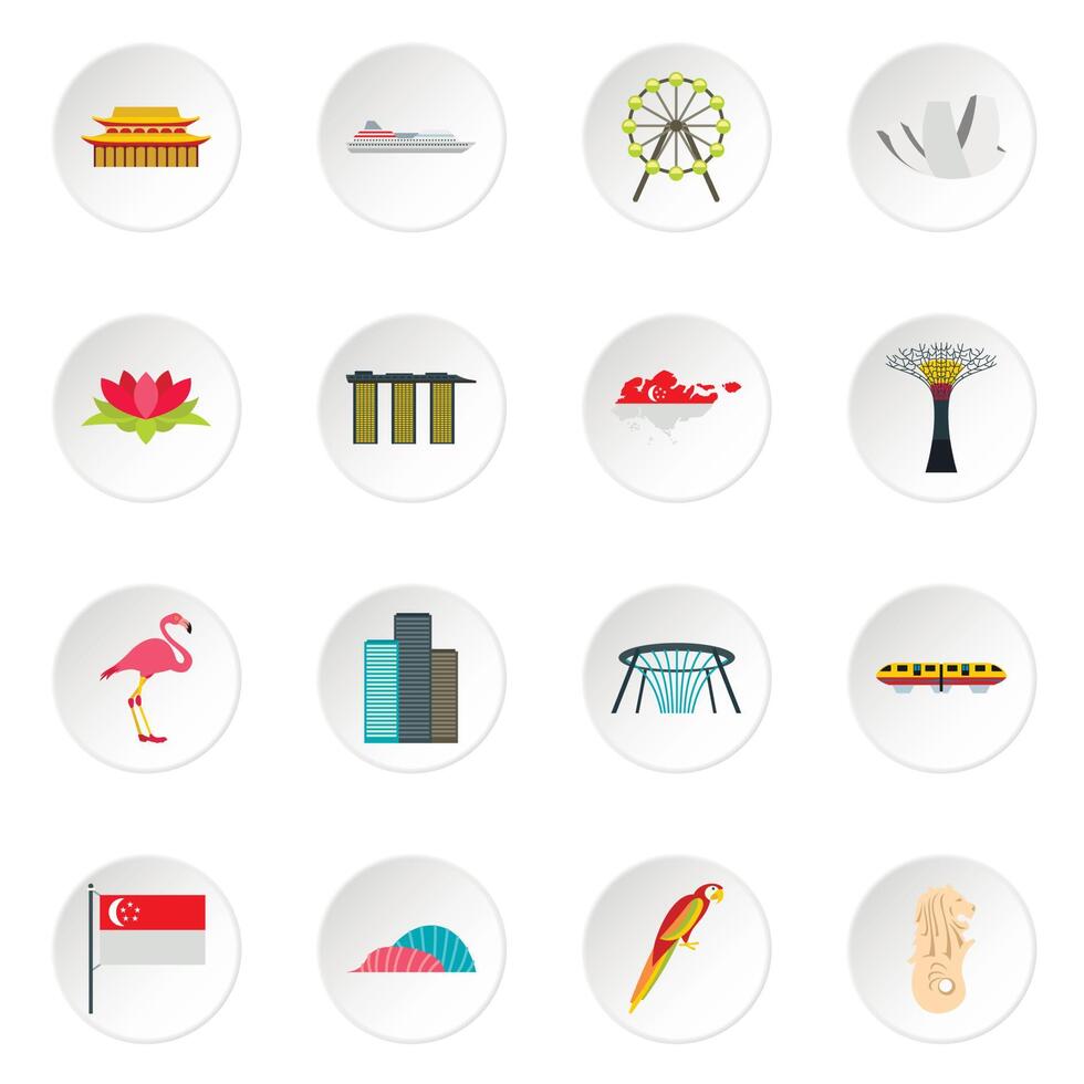 Singapur Icons Set, flacher Stil vektor