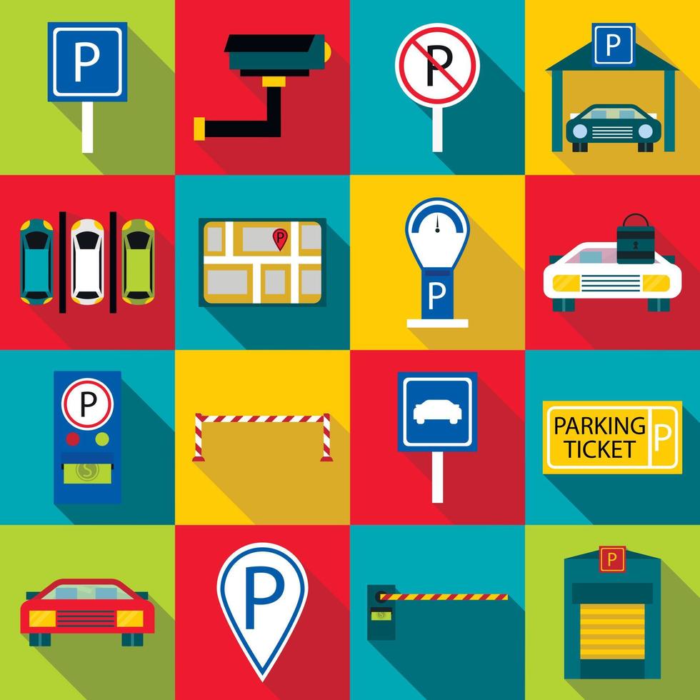 Parkplatz Icons Set, flacher Stil vektor