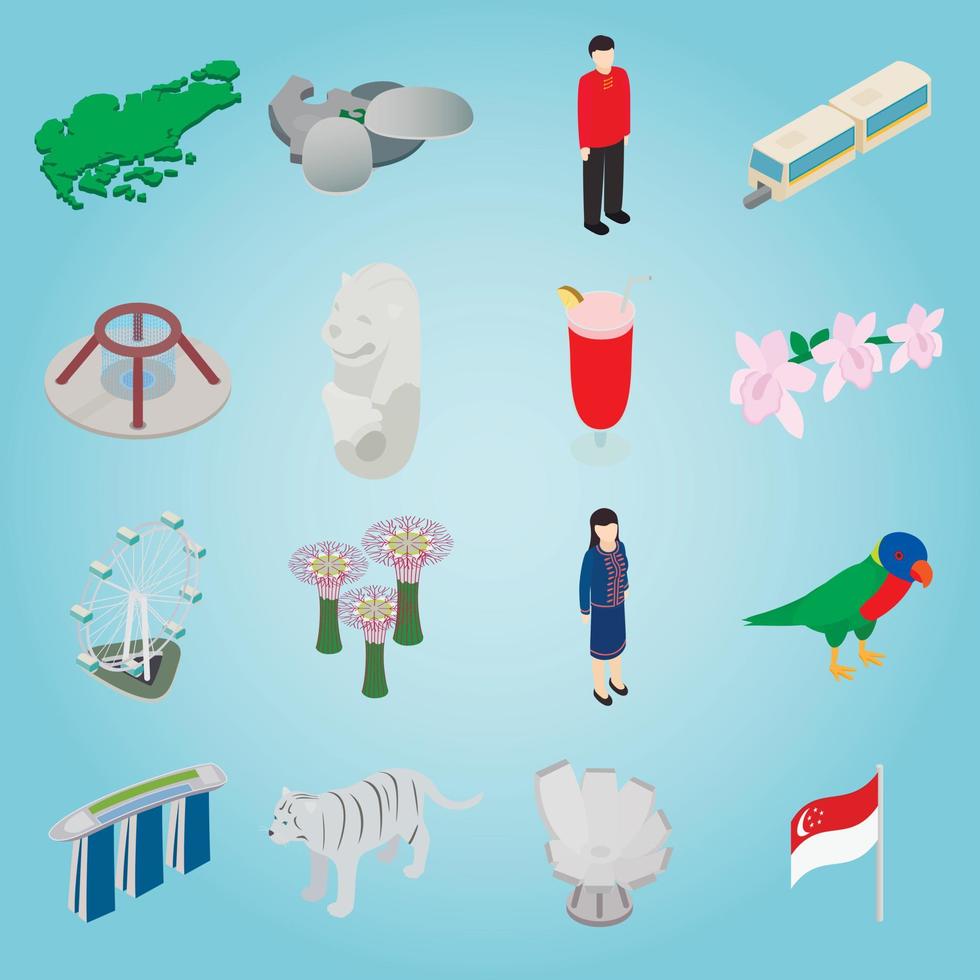 Singapur-Set-Icons, isometrischer 3D-Stil vektor