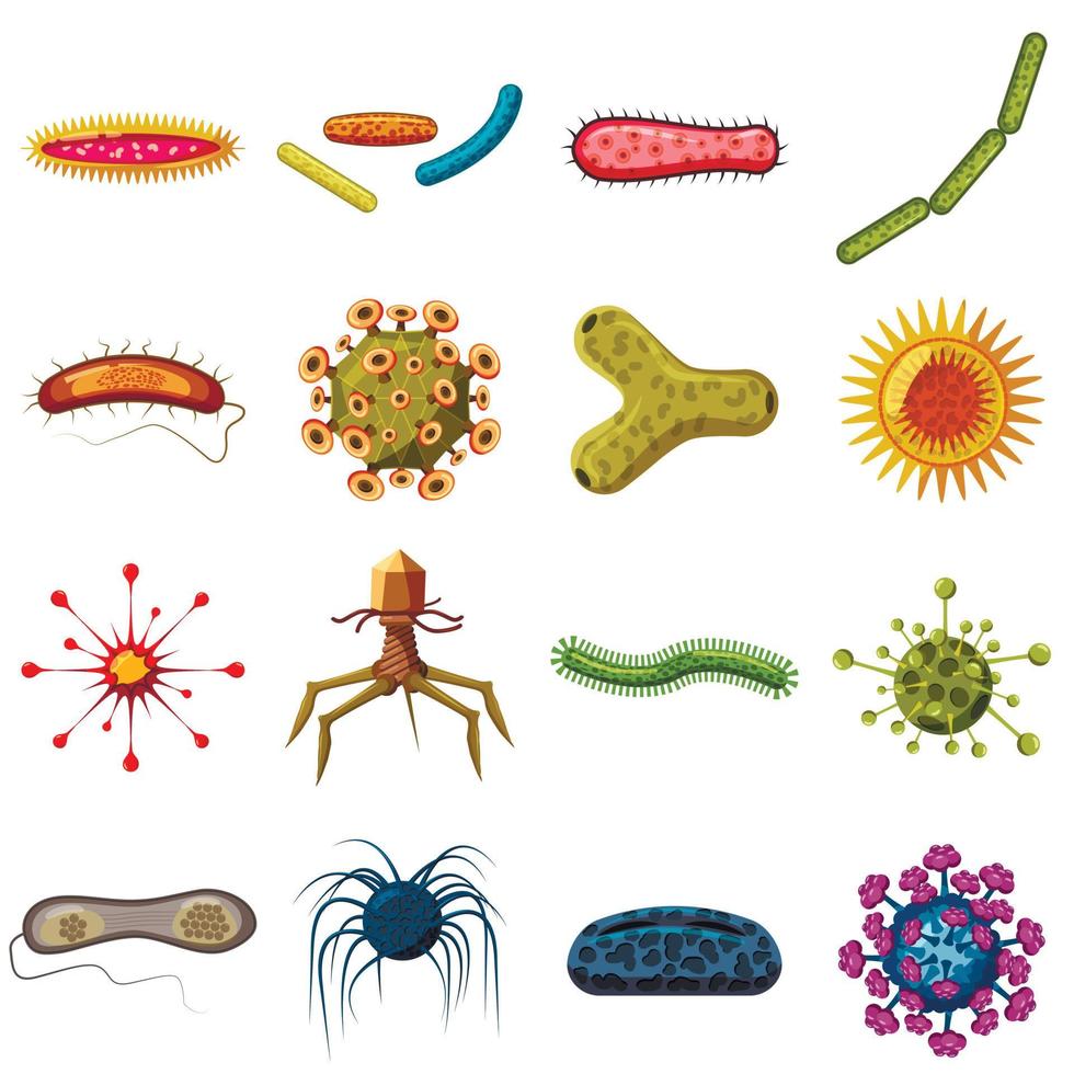 Virus-Bakterien-Symbole gesetzt, Cartoon-Stil vektor