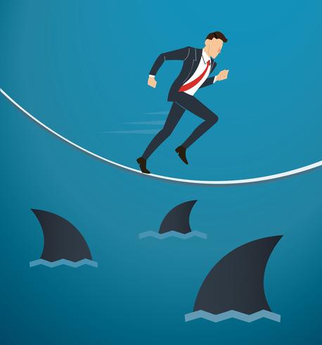 Illustration eines laufenden Geschäftsmannes am Seil mit Haien unter Geschäftsrisiko Chance vektor
