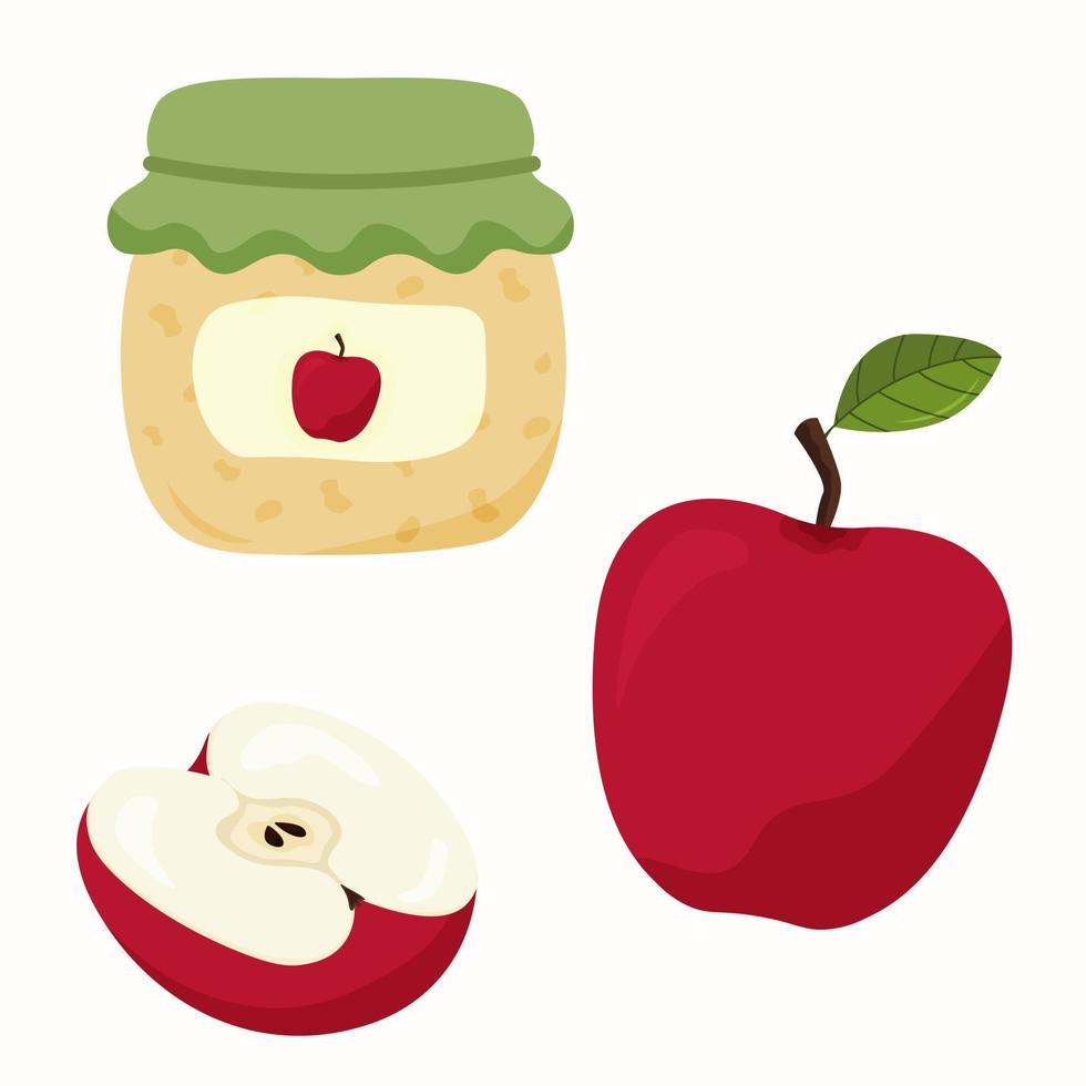 Reihe von roten Äpfeln. ganzer Apfel und halber Apfel, Apfelmarmelade vektor
