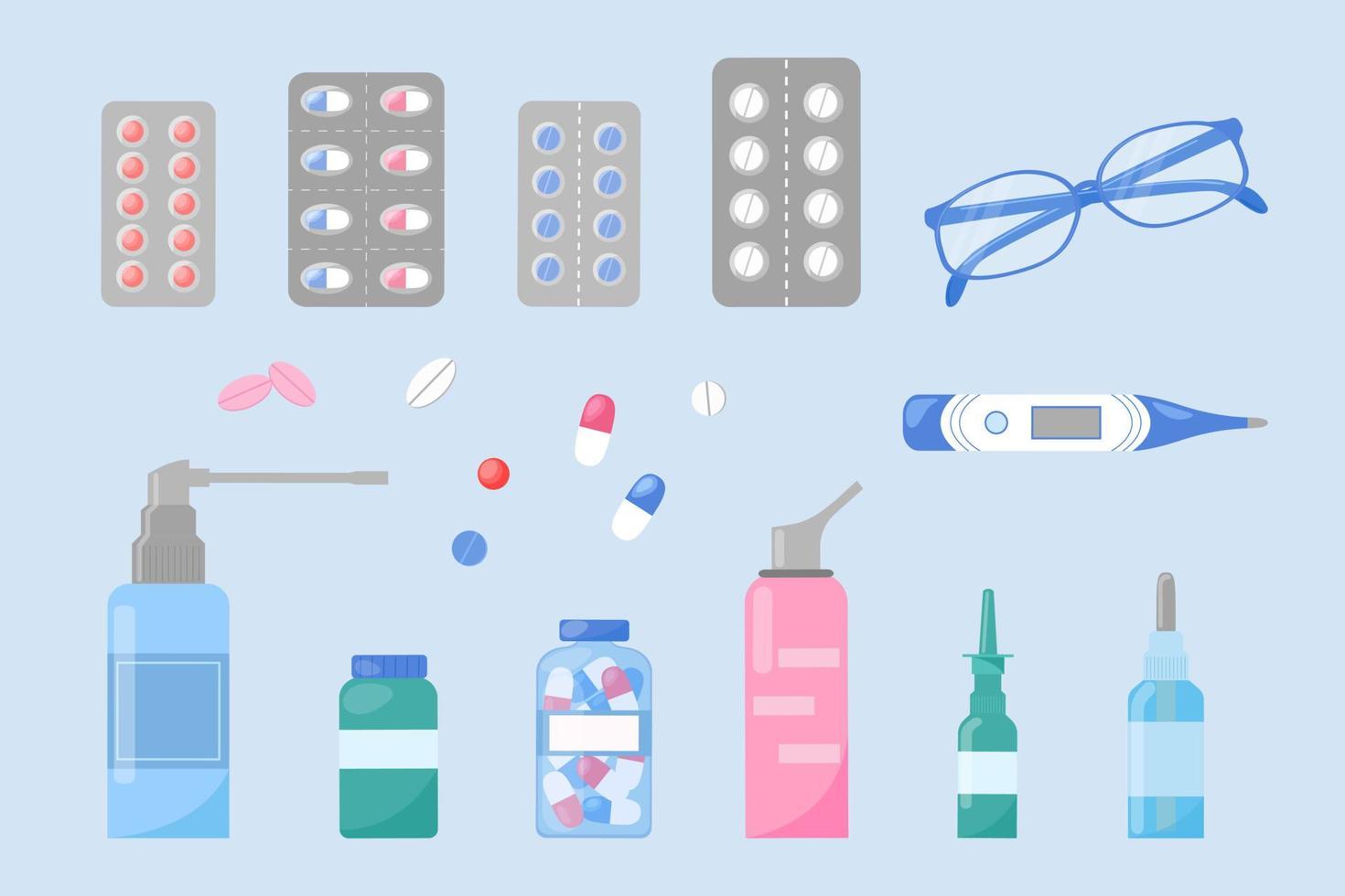 apotekset. läkemedel piller, kapslar, isolerade nässprayer. samling av medicinska och optiska element. platt vektor illustration