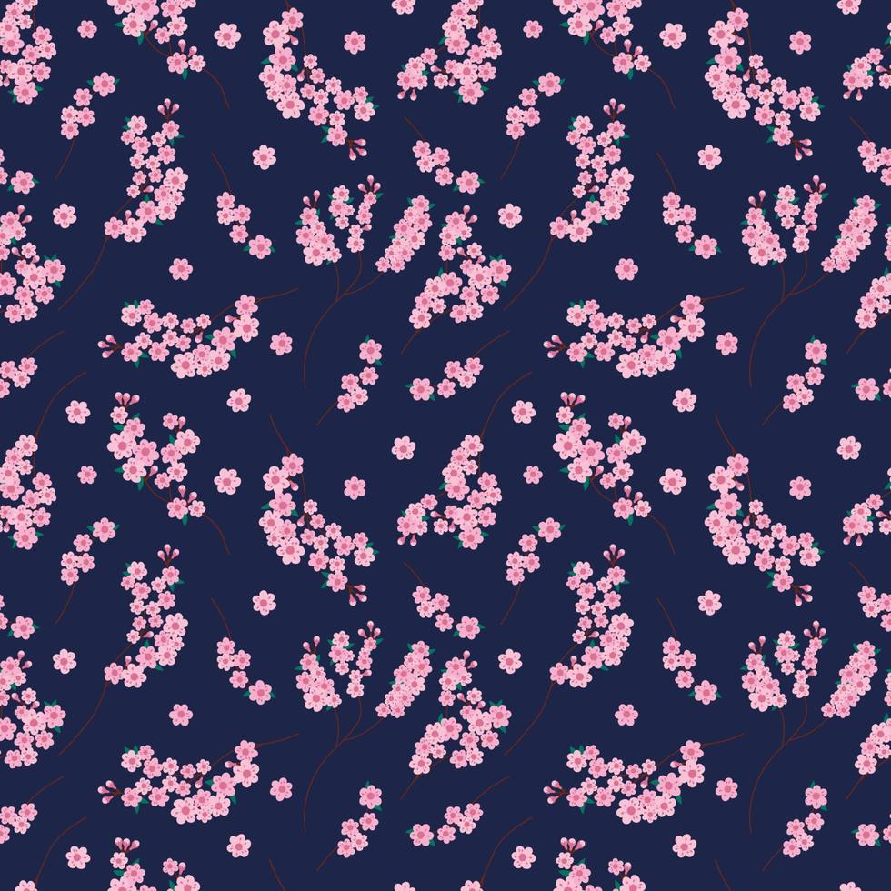 sakura-blumen nahtloses muster. Vektor endloser dunkelblauer Hintergrund mit Sakura-Blüte. frühlingsdesign mit floralen elementen