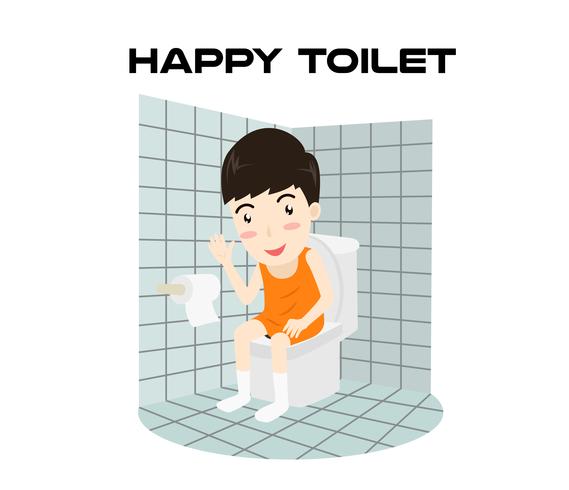 Der glückliche Mann der Karikatur, der auf einer Toilette sitzt und lokalisiert auf weißem Hintergrund lächelt - Vector Illustration