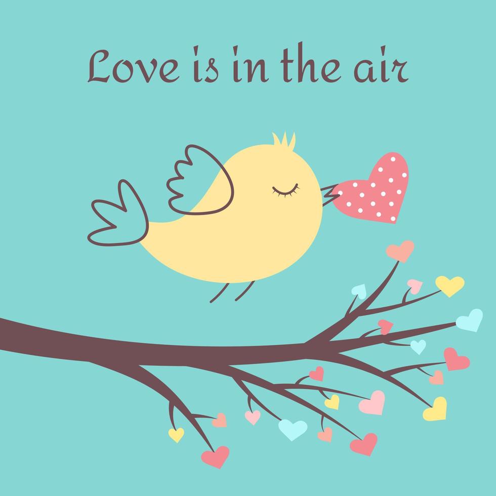 söt fågel med hjärta i näbben och gren med hjärtformade löv. kärlek är i luften. alla hjärtans dag koncept. vektor