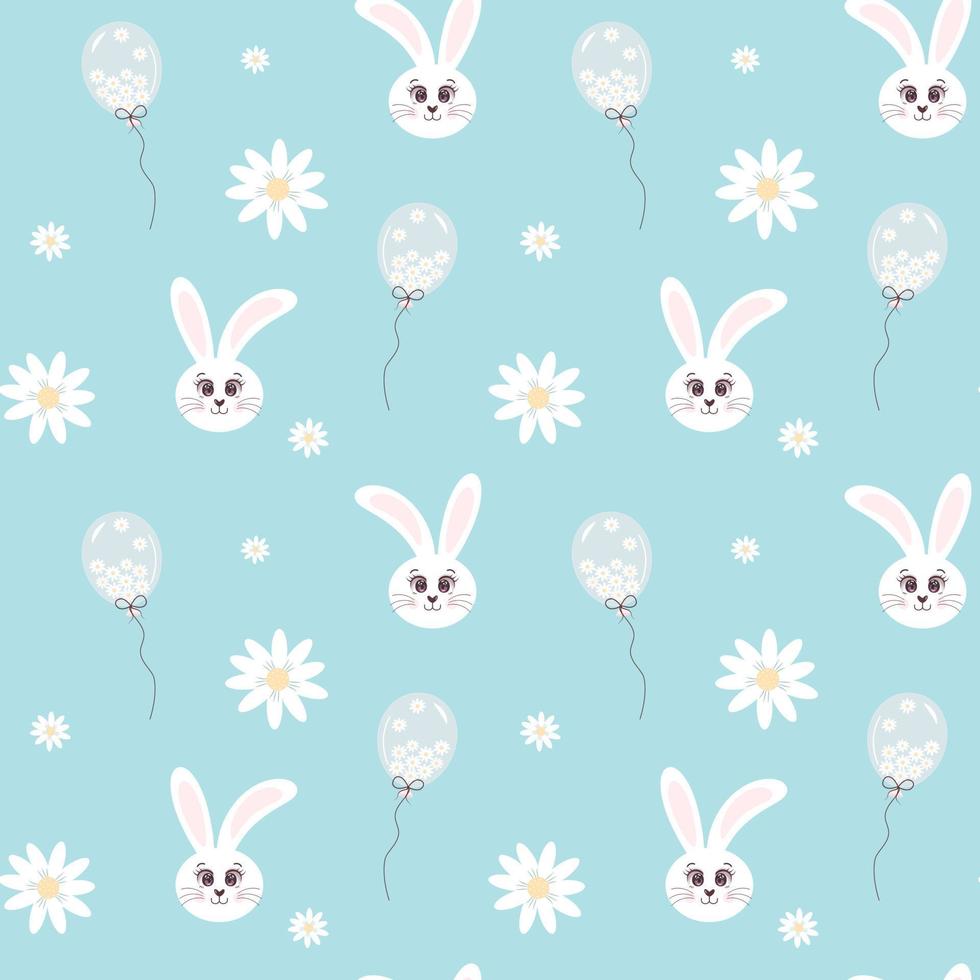 sömlösa mönster med kaninhuvud, ballong och kamomill på blå bakgrund. perfekt för textil, tygtryck, omslagspapper. vektor