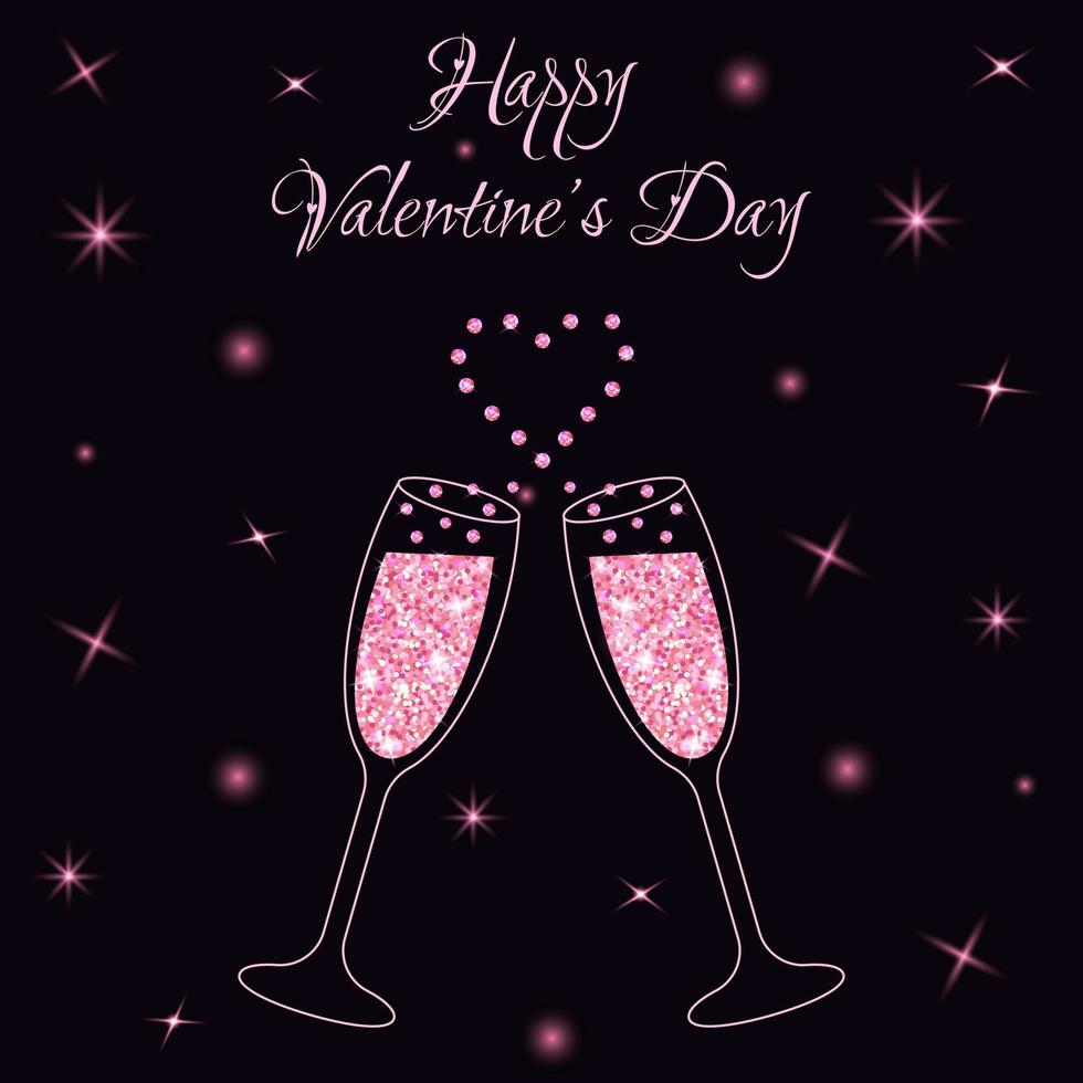 zwei funkelnde gläser champagner mit rosa glitzer und herzförmigem spritzer. valentinstag grußkarte. vektor