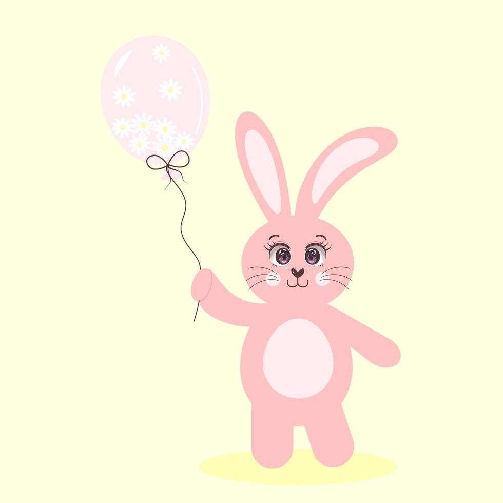söt rosa kanin med stora ögon som håller en ballong full av kamomill. vektor