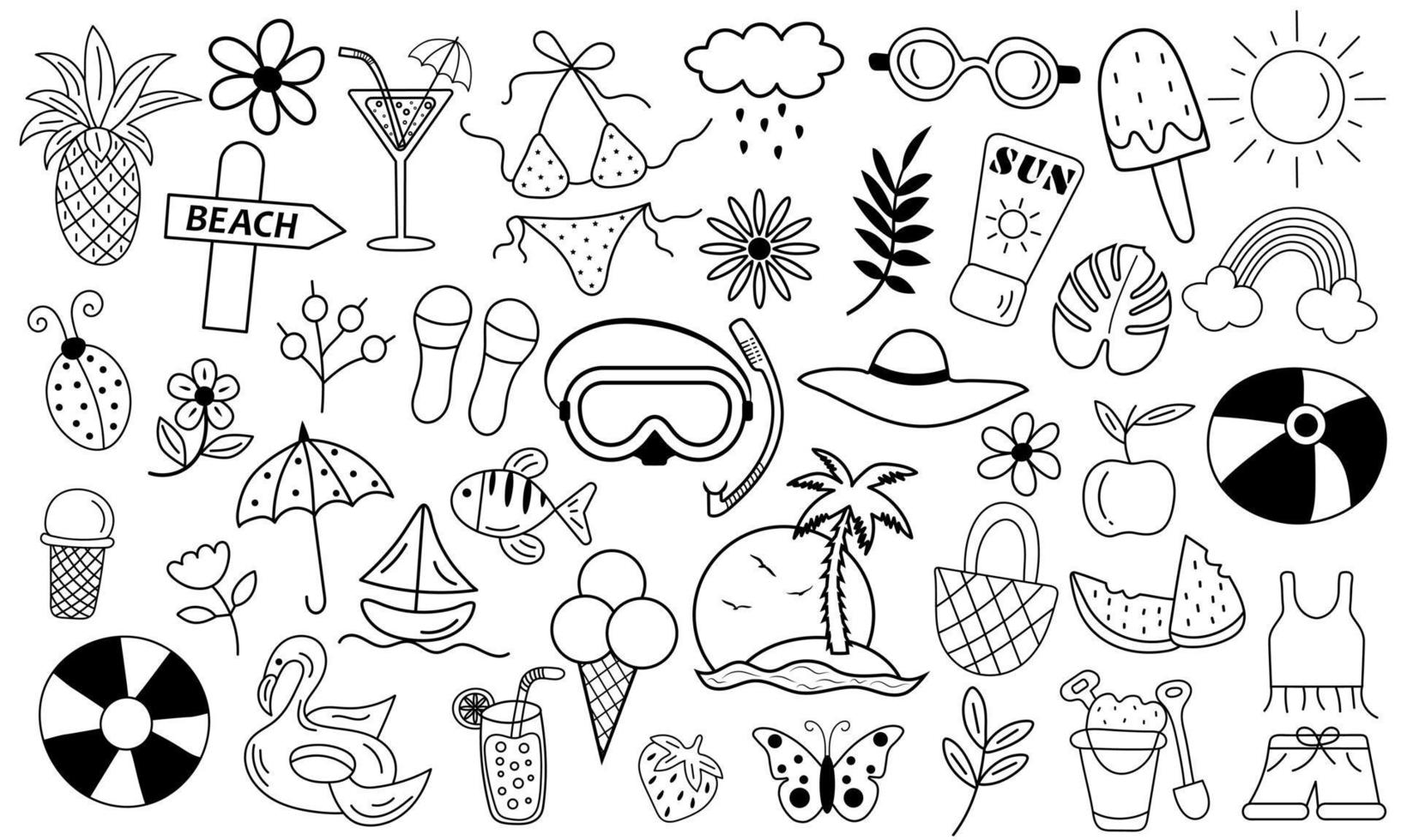 Sommerstrand handgezeichnete Vektorsymbole und Objekte im Doodle-Stil. vektor