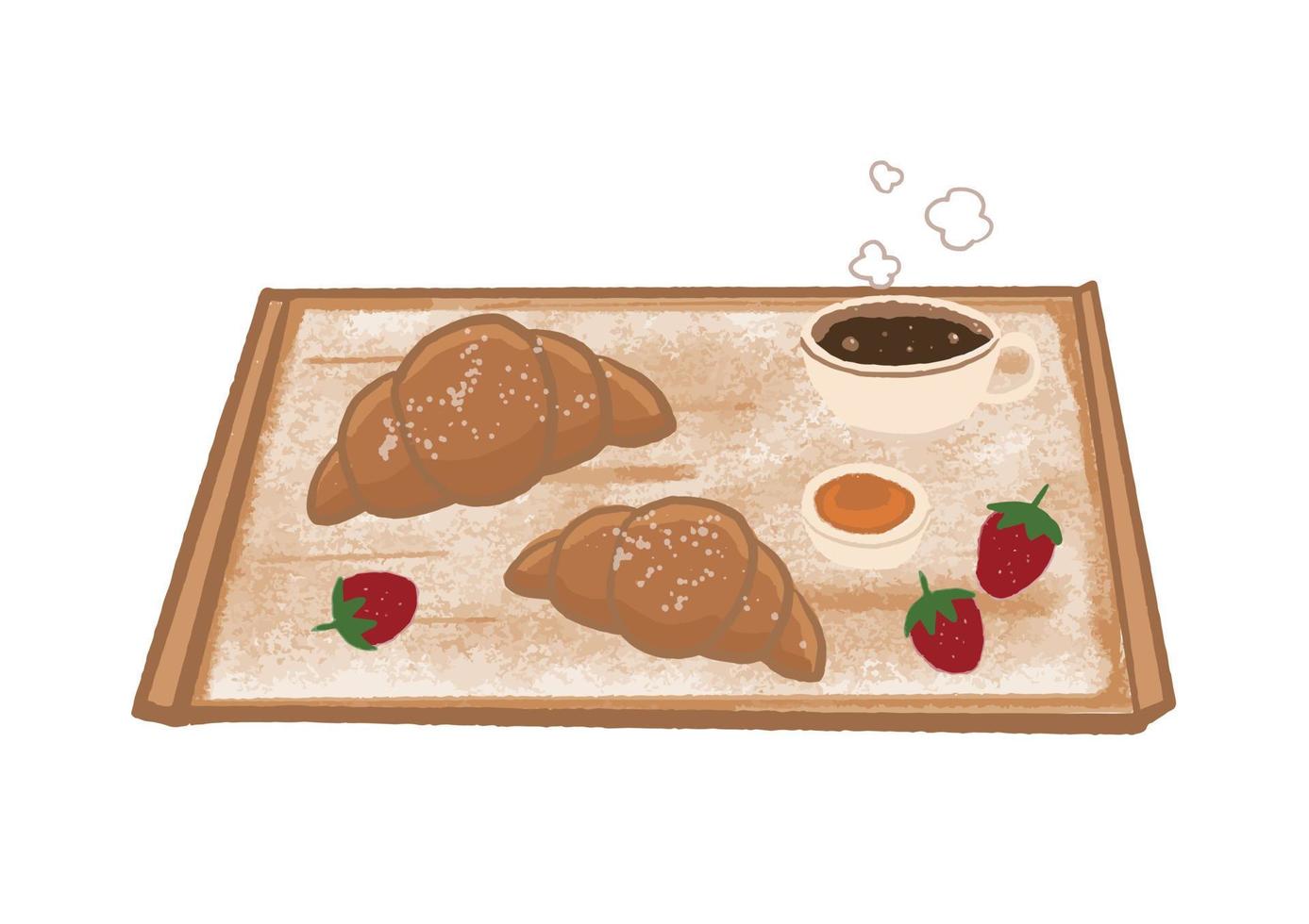 Illustration von zwei Croissants mit einer Tasse Kaffee und Erdbeeren vektor