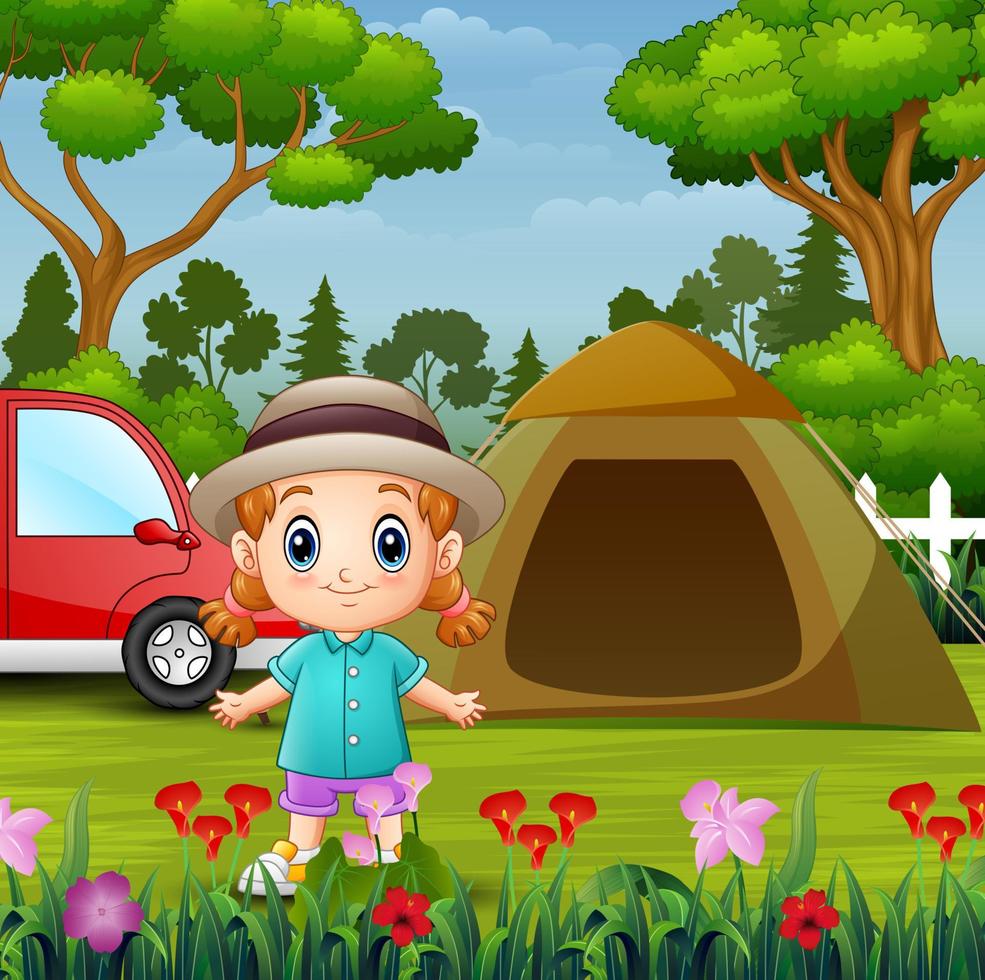 söt liten flicka camping ute i parken vektor