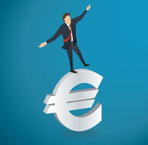 Geschäftsmann oder Mann zu Fuß in Balance auf Euro-Symbol Vektor