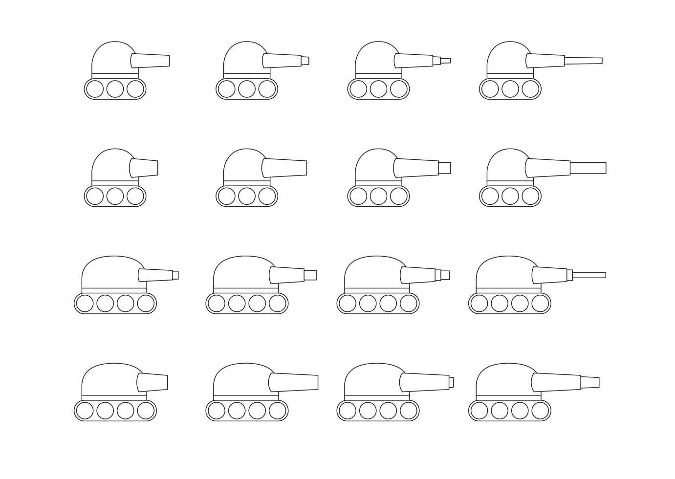 skisserade stridsvagnsikoner, alla storlekar, perfekta för spel. vektor