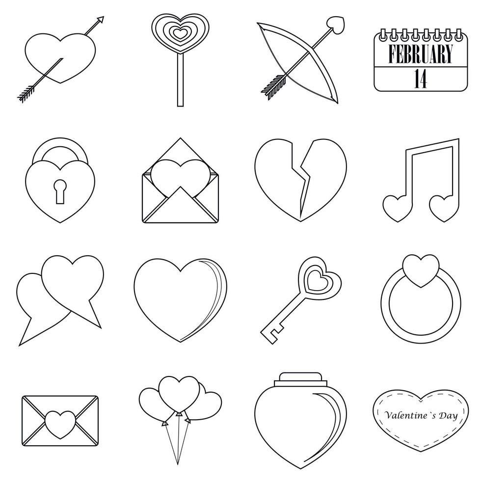 Saint Valentine Items Icons Set, Umrissstil vektor