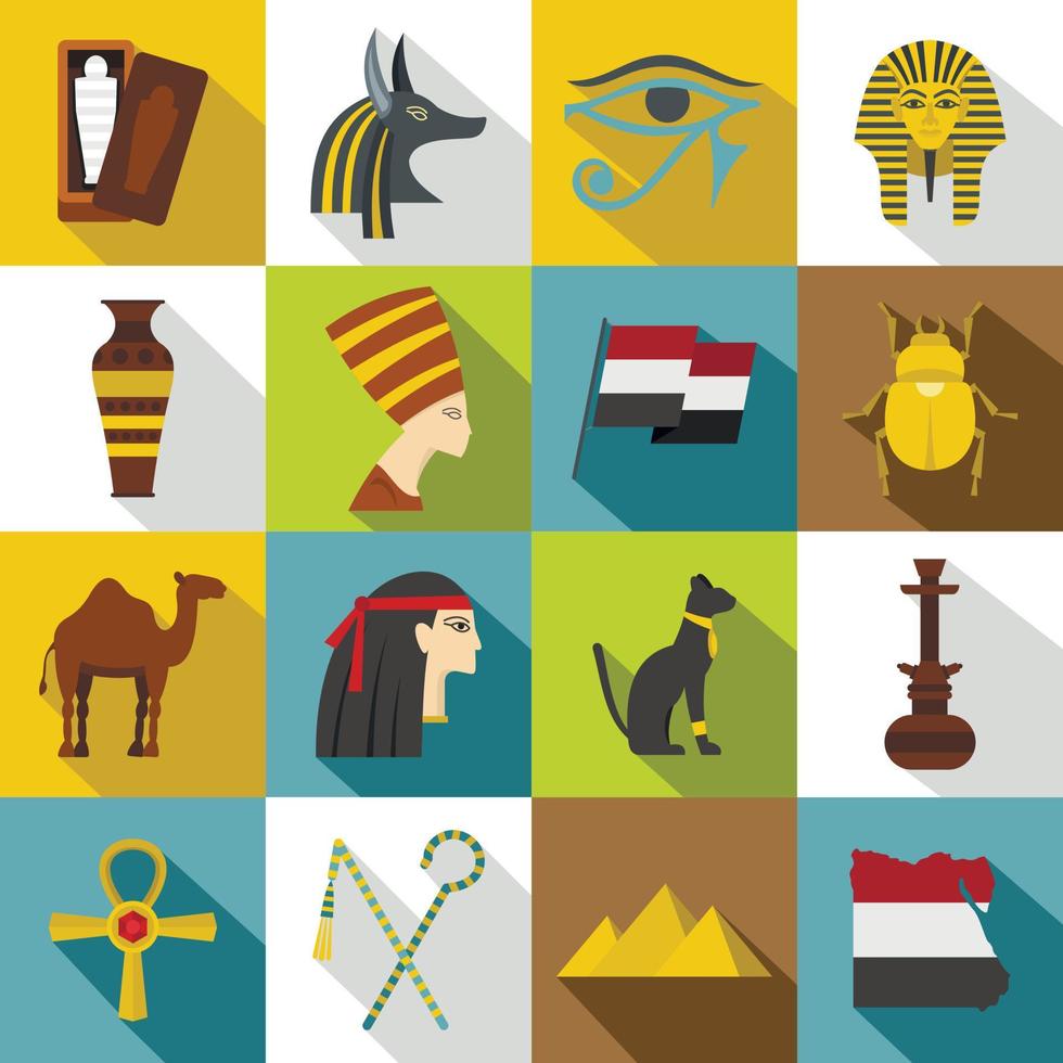 Egypten resor objekt ikoner set, platt stil vektor