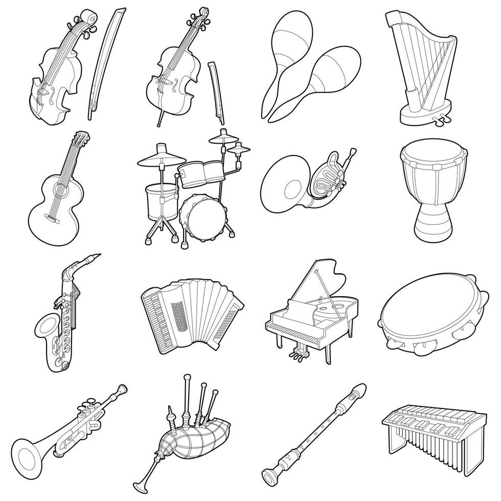 Symbole für Musikinstrumente gesetzt, Umrisskarikatur vektor