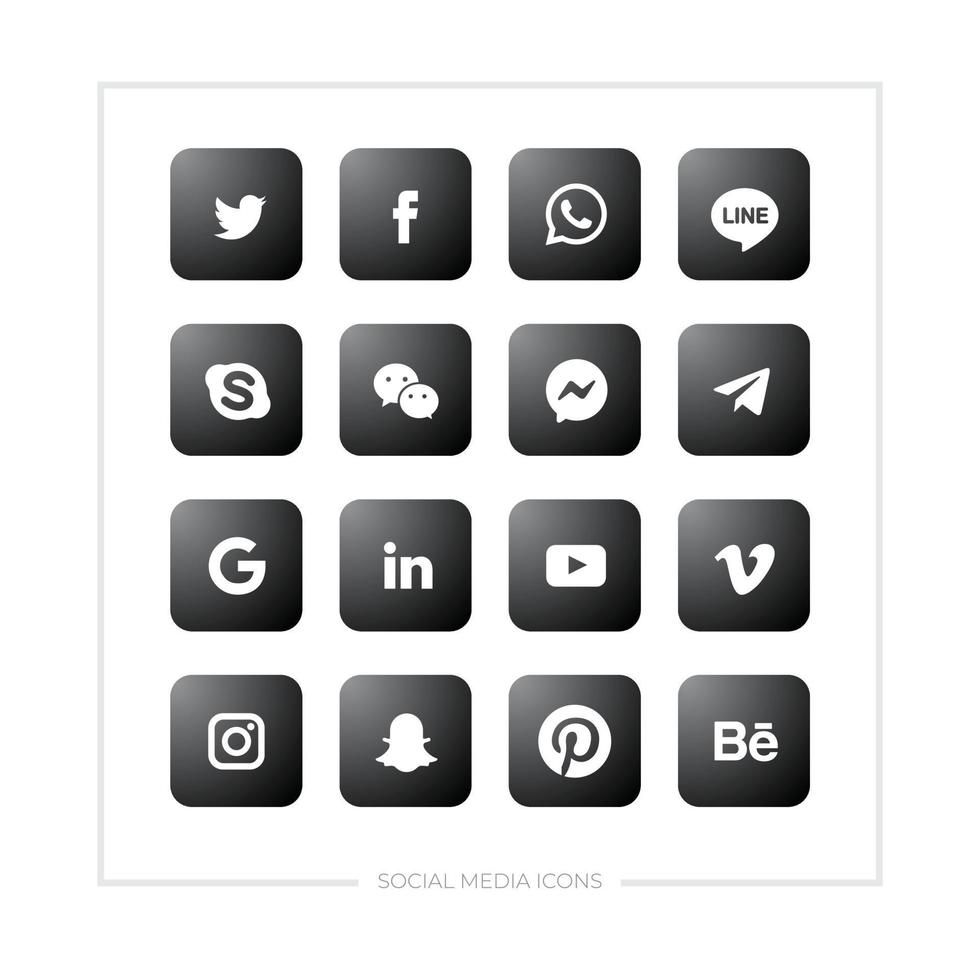Satz verschiedener Social-Media-Symbole mit schwarzer Farbe in einer schlichten quadratischen abgerundeten Form. vektor