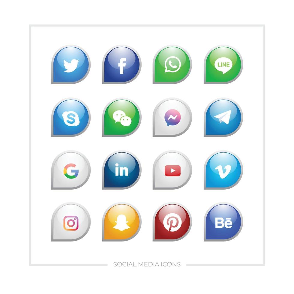 uppsättning av olika sociala medier ikoner med färgade i en blank löv form med relief. vektor