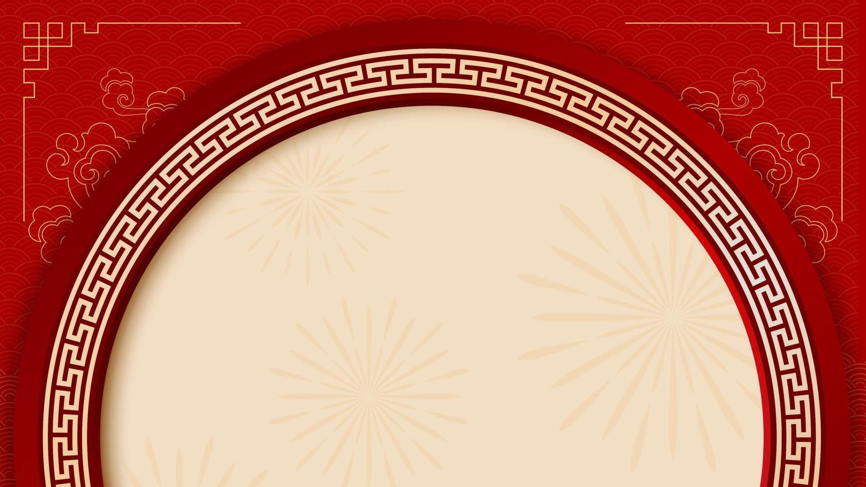 chinesischer neujahrshintergrund mit halbkreiskopierraum in der mitte, verziert mit traditionellen linienkunst und mustern vektor