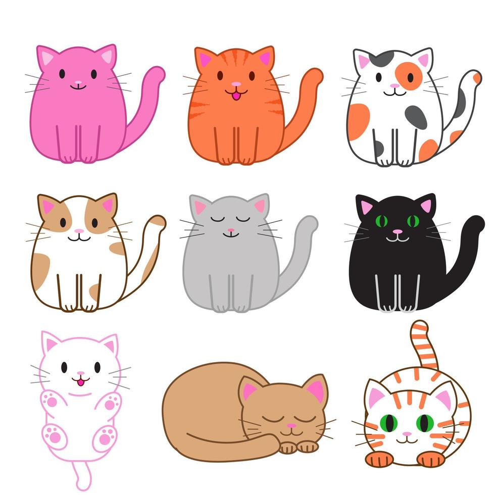 uppsättning roliga tecknade katter, söt vektorillustration i platt stil. olika färgglada katter. le fet kattunge. positivt tryck för klistermärke, kort, kläder, textil, design och inredning vektor