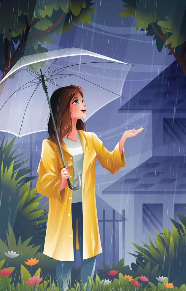 flicka njuter av regn i vårduschkonceptet vektor