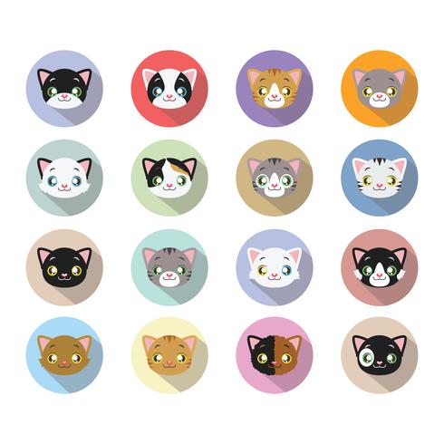 16 Kitty Head Icons mit langen Schatten vektor