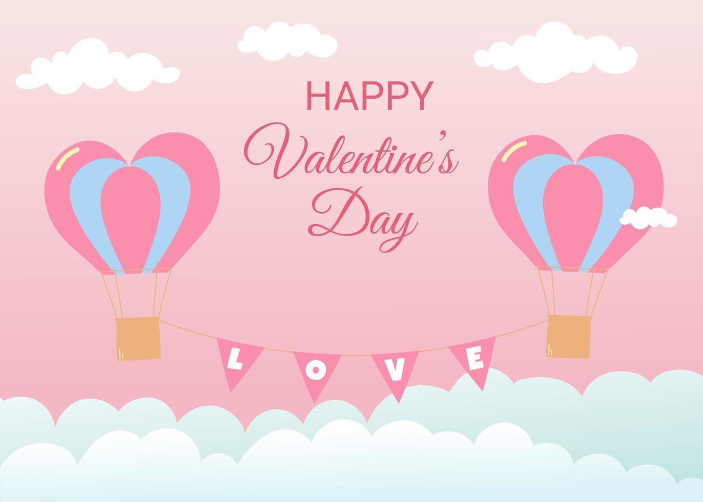alla hjärtans dag gratulationskort. luftballonger i hjärtform flyger i himlen. rosa bakgrund med vita och blå moln vektor