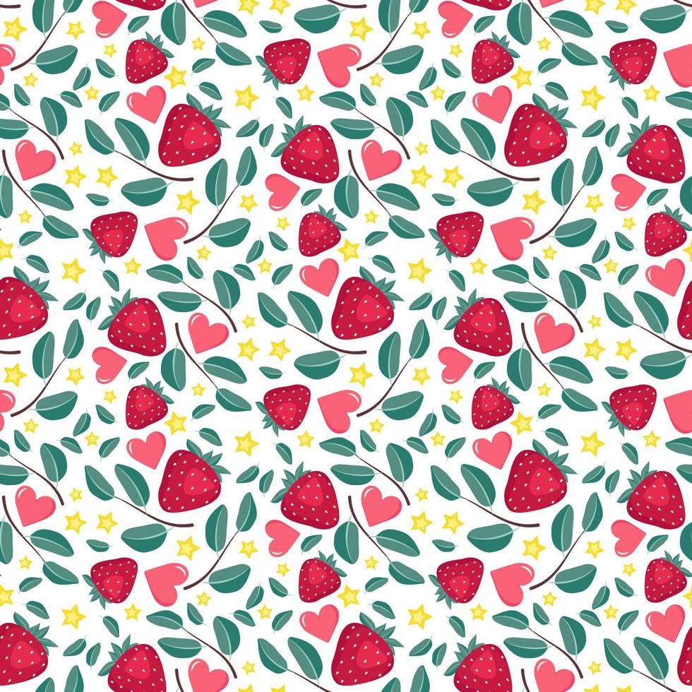 söta sömlösa mönster med jordgubbar, hjärtan, stjärna och löv. festligt tryck, alla hjärtans dag dekoration för omslagspapper, textil och design. platt vektor illustration