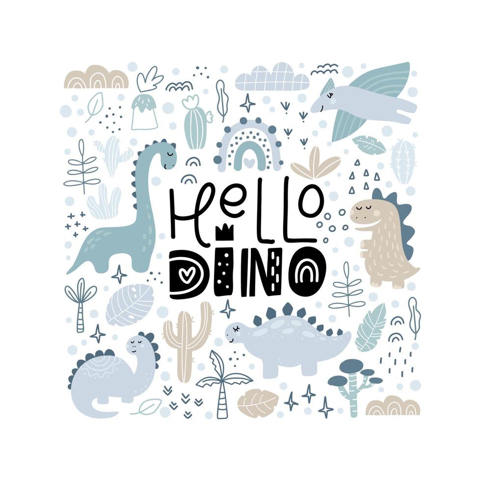 Vektor niedliche Baby-Grußkarte mit Text hallo Dino. handgezeichnete süße coole babyillustration des dinosauriers für kinderzimmert-shirt, kinderbekleidungsjungen, einladung, einfaches skandinavisches kinderdesign