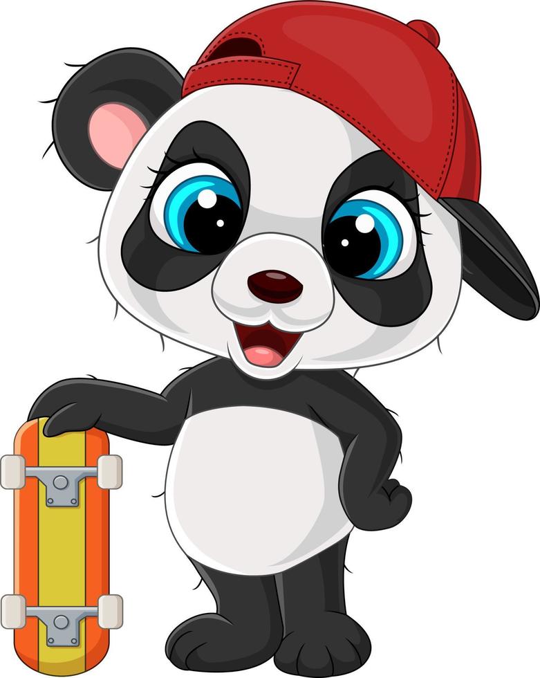 tecknad liten panda håller skateboard vektor