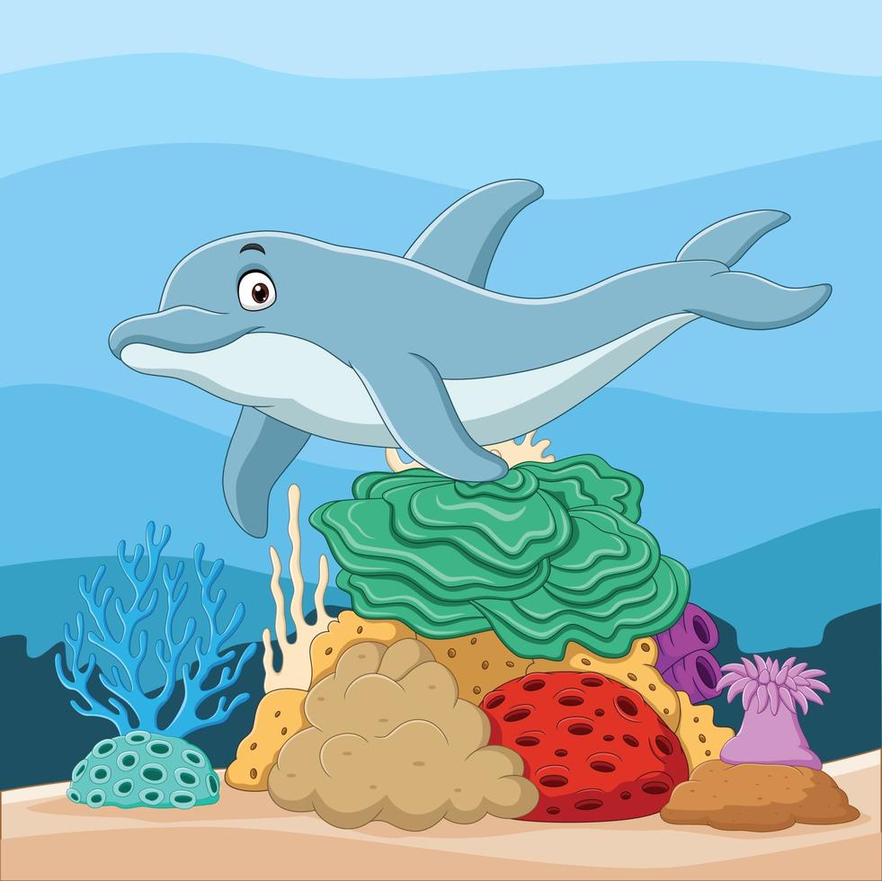 Cartoon-Delphin mit Korallen in der Unterwasserwelt vektor