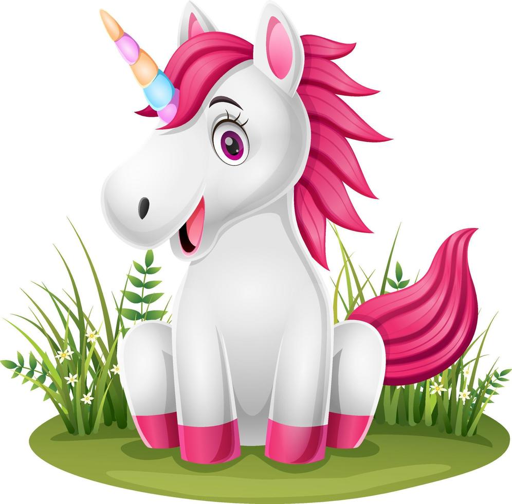 tecknad liten ponny enhörning sitter i gräset vektor