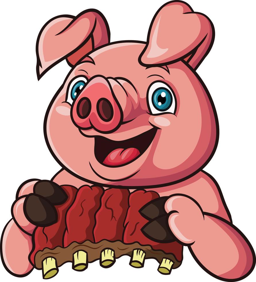 tecknad gris håller kött revben vektor