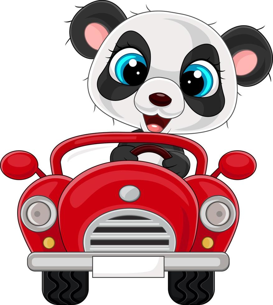tecknad baby panda kör röd bil vektor